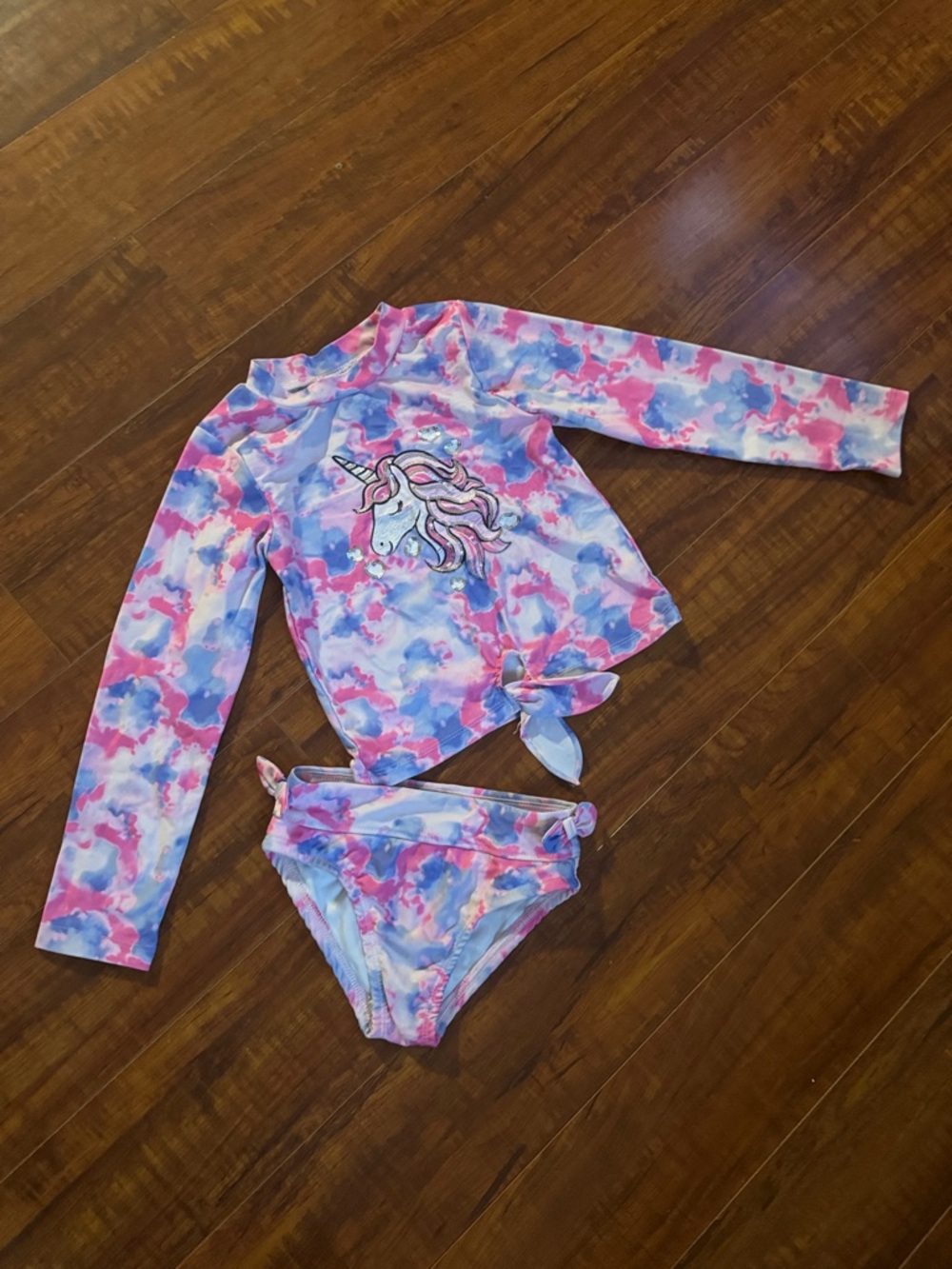 Betsey Johnson Pink & Blue Unicorn Tie-Dye Rashguard Bikini Set